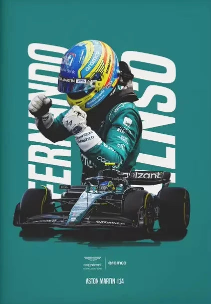 Fernando Alonso in a racing suit and helmet with a Formula 1 car on a teal background