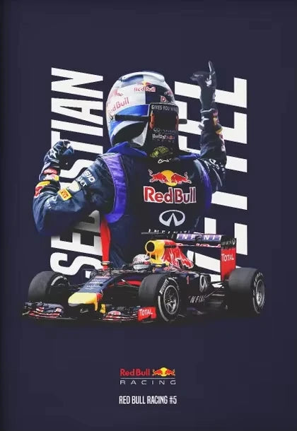 F1 driver in a Red Bull racing car with helmet on a dark blue background