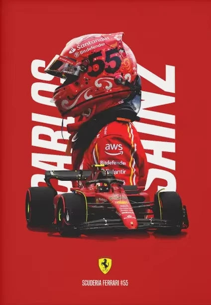 Ferrari Formula 1 car with driver's helmet and 'Carlos Sainz' text on a red background