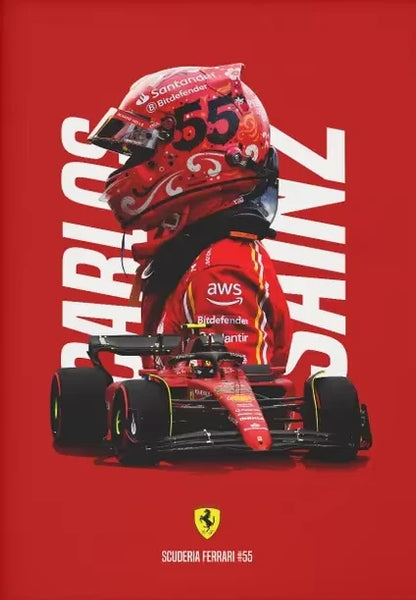 Ferrari Formula 1 car with driver's helmet and 'Carlos Sainz' text on a red background