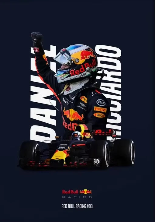 F1 driver celebrating next to a Red Bull Racing car on a dark background