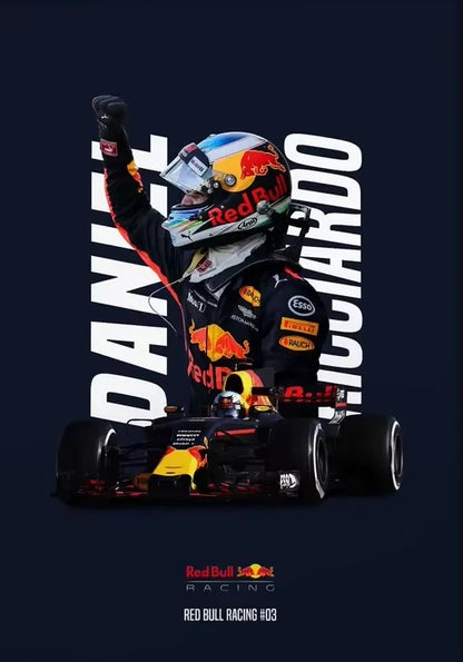 F1 driver celebrating next to a Red Bull Racing car on a dark background