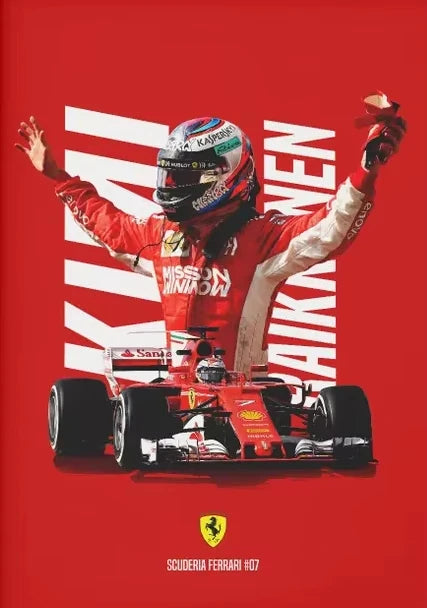Ferrari driver in red racing suit with car on a red background