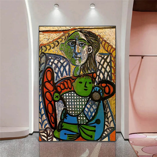 Colorful abstract painting of a woman with a guitar in a modern interior setting Canvas & Curio