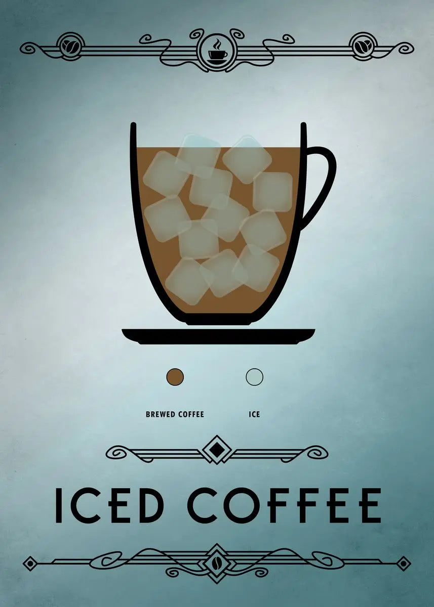 Illustration of an iced coffee cup with ice cubes on a light blue background, featuring decorative elements.