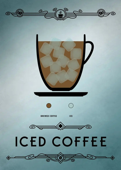 Illustration of an iced coffee cup with ice cubes on a light blue background, featuring decorative elements.