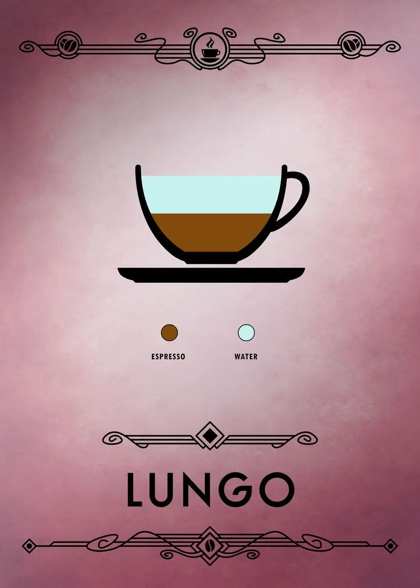 Illustration of a coffee cup with espresso and water on a pink background, labeled 'Lungo'.