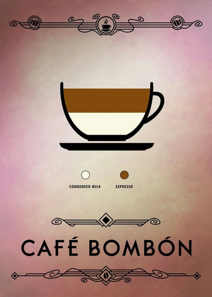 Illustration of a coffee cup with layers labeled 'Condensed Milk' and 'Espresso' on a pink background with 'Café Bombón' text.