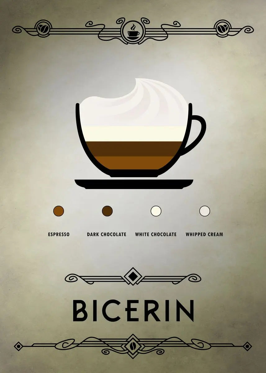 Illustration of a Bicerin coffee with layers and text on a beige background