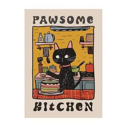 Poster with a black cat in a kitchen, text 'PAWSOME KITCHEN', on a beige background