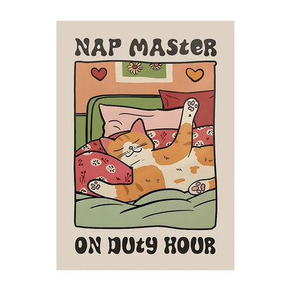 Cartoon cat sleeping on a bed with 'Nap Master On Duty Hour' text