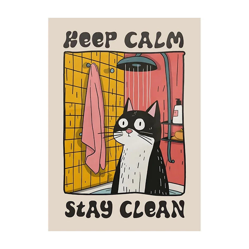 Cartoon cat in a bathroom with 'Keep Calm, Stay Clean' text on a beige background