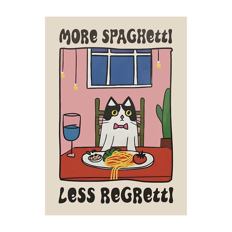Cartoon cat at a table with spaghetti and text 'More Spaghetti, Less Regretti' on a beige background