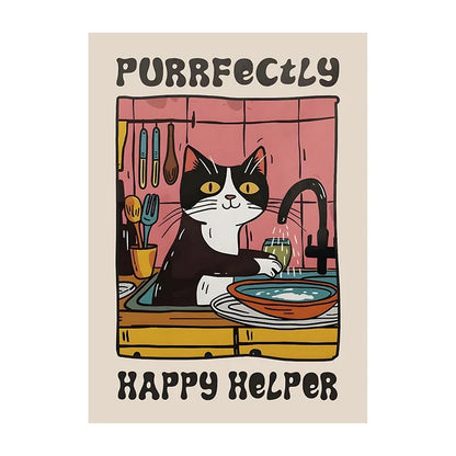 Cartoon cat washing dishes with text 'Purrfectly Happy Helper' on a beige background
