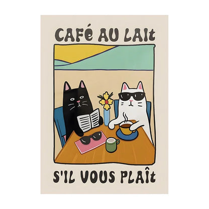 Illustration of two cats at a table with coffee and a book, with text 'Café au Lait S'il Vous Plat'.