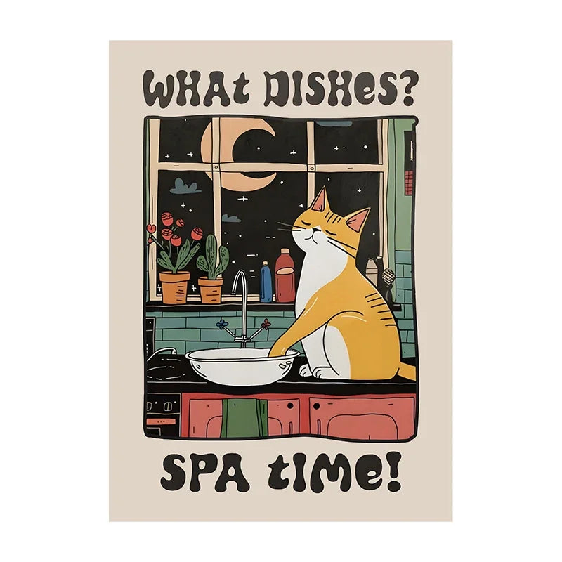 Cartoon cat sitting at a sink with text 'What dishes? Spa time!' in a kitchen setting.
