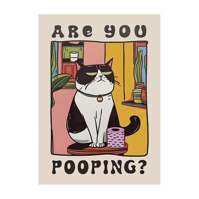 Cartoon cat with text 'Are you pooping?' on a beige background