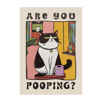 Cartoon cat with text 'Are you pooping?' on a beige background