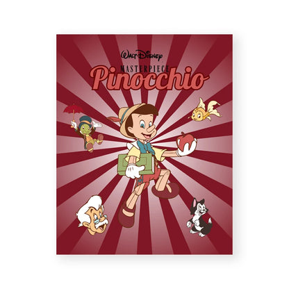 Poster of Pinocchio with characters on a red sunburst background
