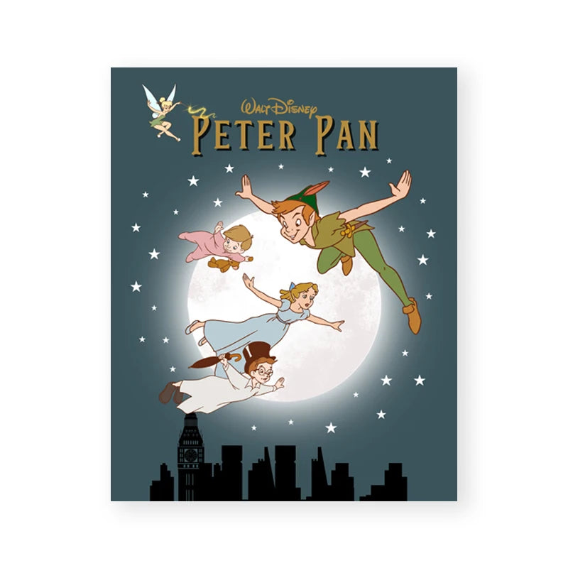 Peter Pan poster with characters flying over a city skyline