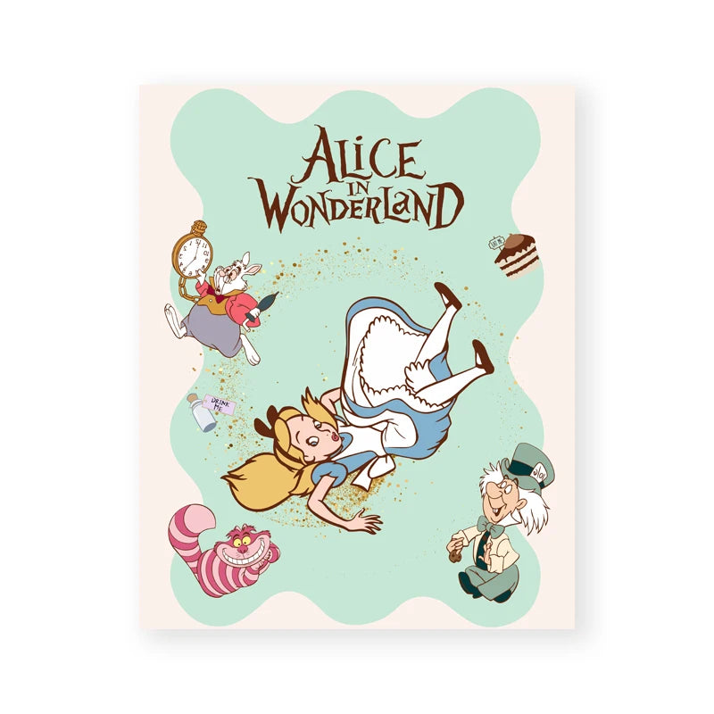 Illustration of characters from 'Alice in Wonderland' on a light green background