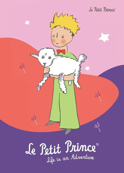 Illustration of a character holding a lamb with 'Le Petit Prince' branding on a pink and purple background.