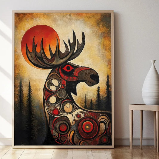 Framed artwork of a stylized moose with circular patterns in a room with a table and vase. Canvas & Curio