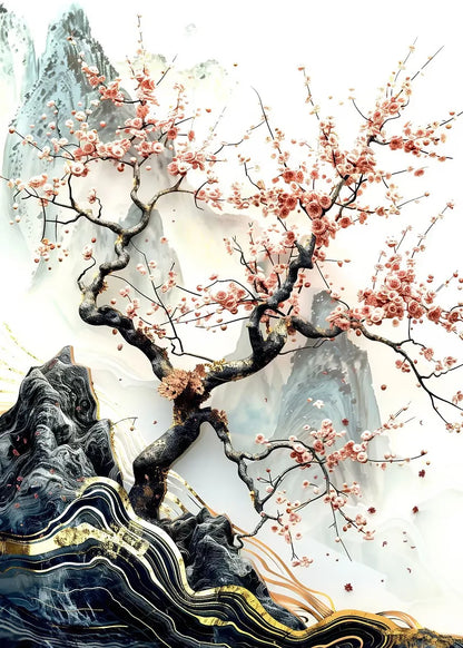 Artistic depiction of cherry blossoms against a mountainous background