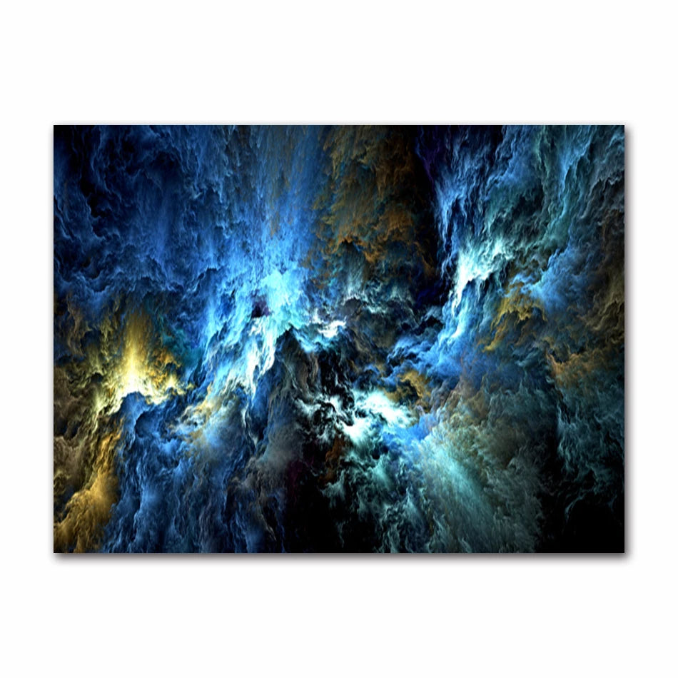 Abstract space scene with blue, yellow, and black colors on a white background