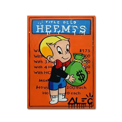 Vintage-style advertisement with a cartoon character holding a money bag on an orange background.