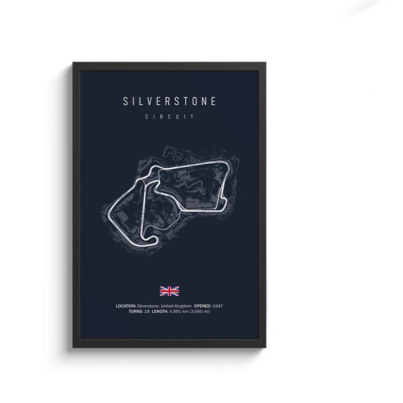 Framed poster of Silverstone Circuit map with British flag on a dark blue background