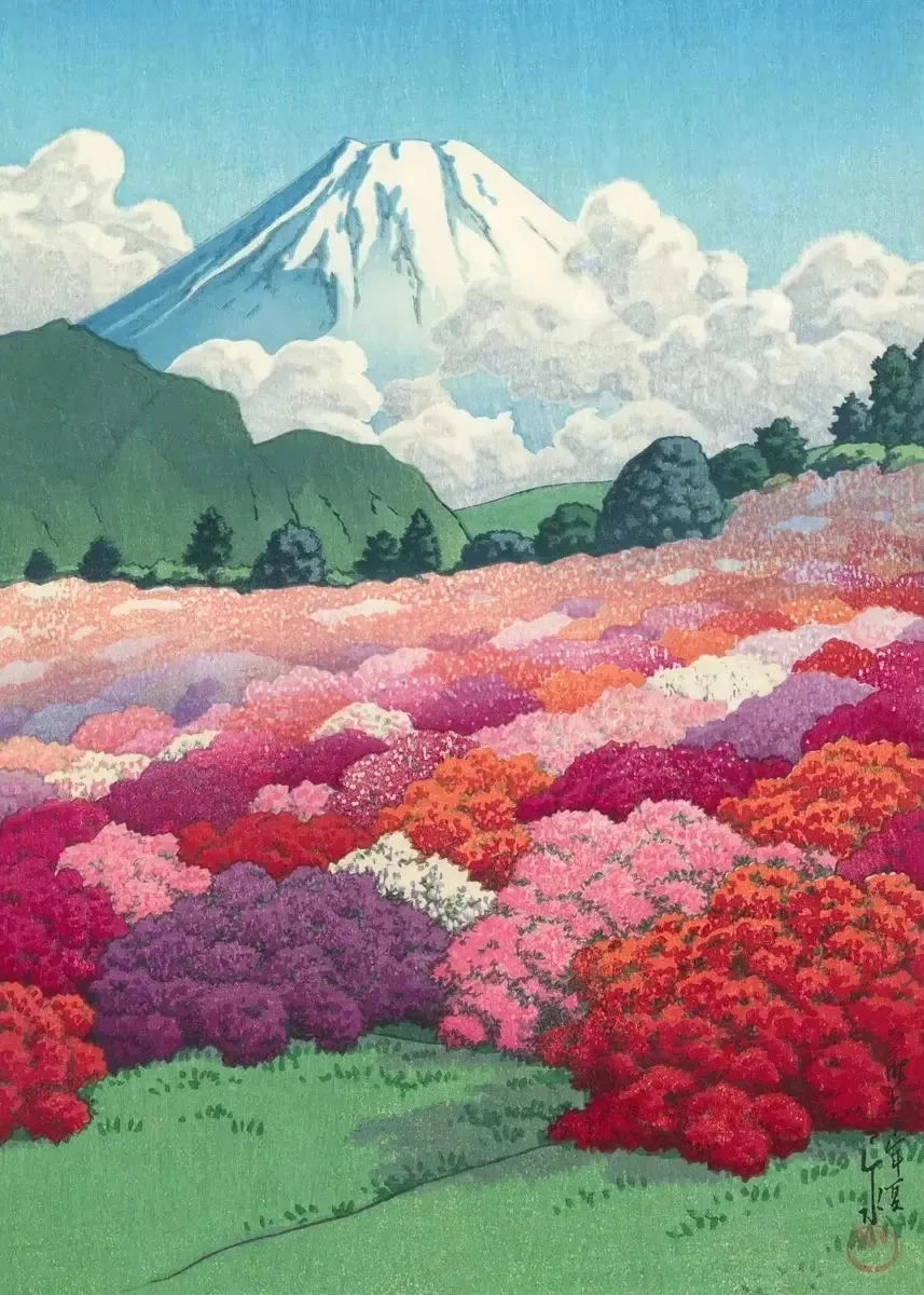 Colorful landscape with a mountain and flower field