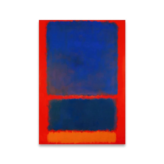 Abstract art piece with blue and orange shapes on a red background