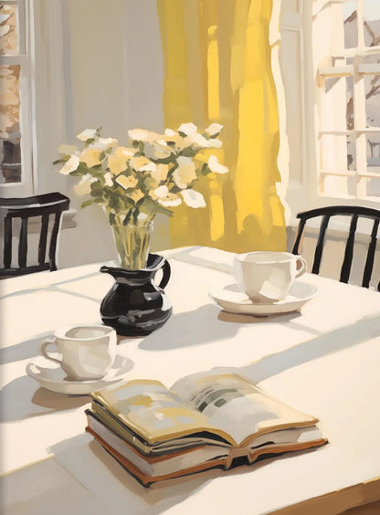 Dining table with books, cups, and flowers in a bright room.
