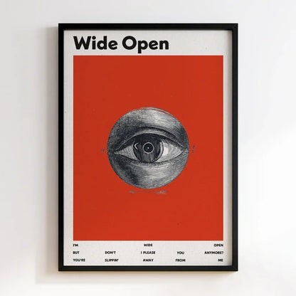 Framed poster with an eye illustration and text on a red background