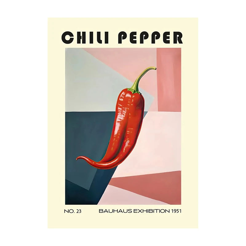 Poster of a red chili pepper with geometric shapes and text on a beige border