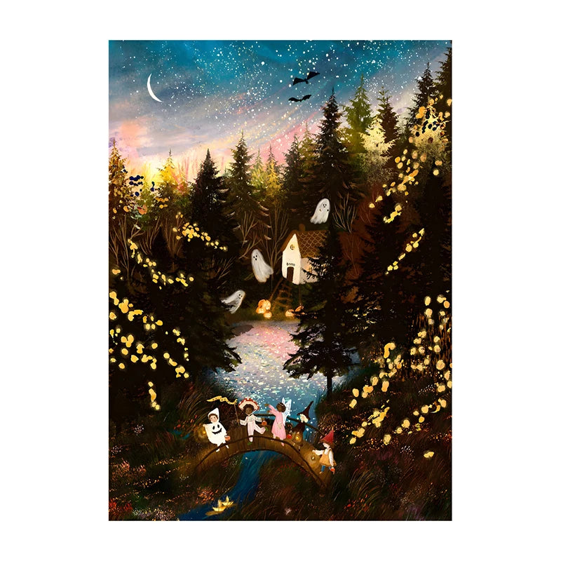 Fairy tale scene with fairies on a bridge over a stream at night, surrounded by trees and glowing lights.