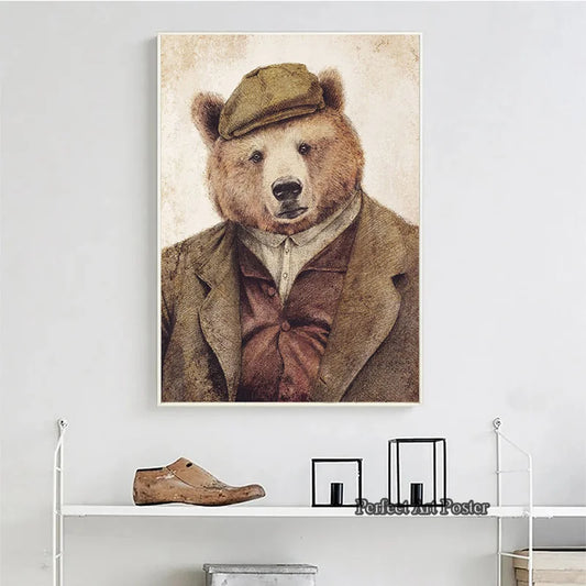 Poster of a bear in a suit and hat on a white wall above a shelf. Canvas & Curio