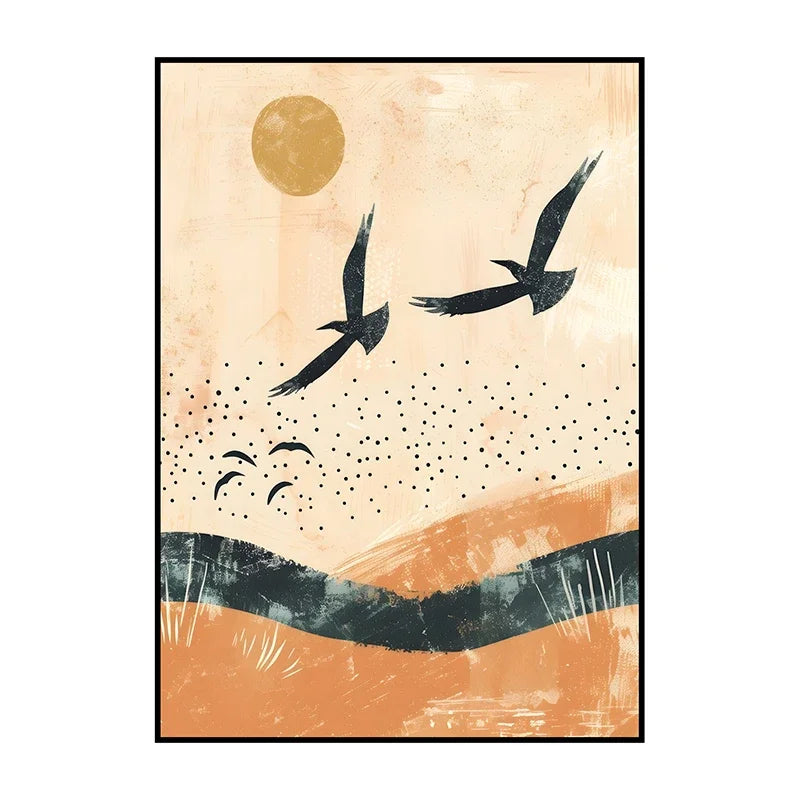 Art print with birds flying against a textured beige background