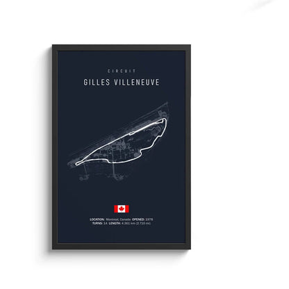 Framed poster of Circuit Gilles Villeneuve map with Canadian flag on a white background