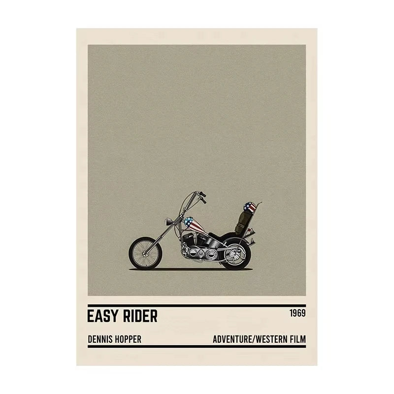 Poster of a motorcycle with 'Easy Rider' text and film details on a beige background