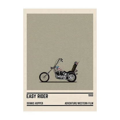 Poster of a motorcycle with 'Easy Rider' text and film details on a beige background