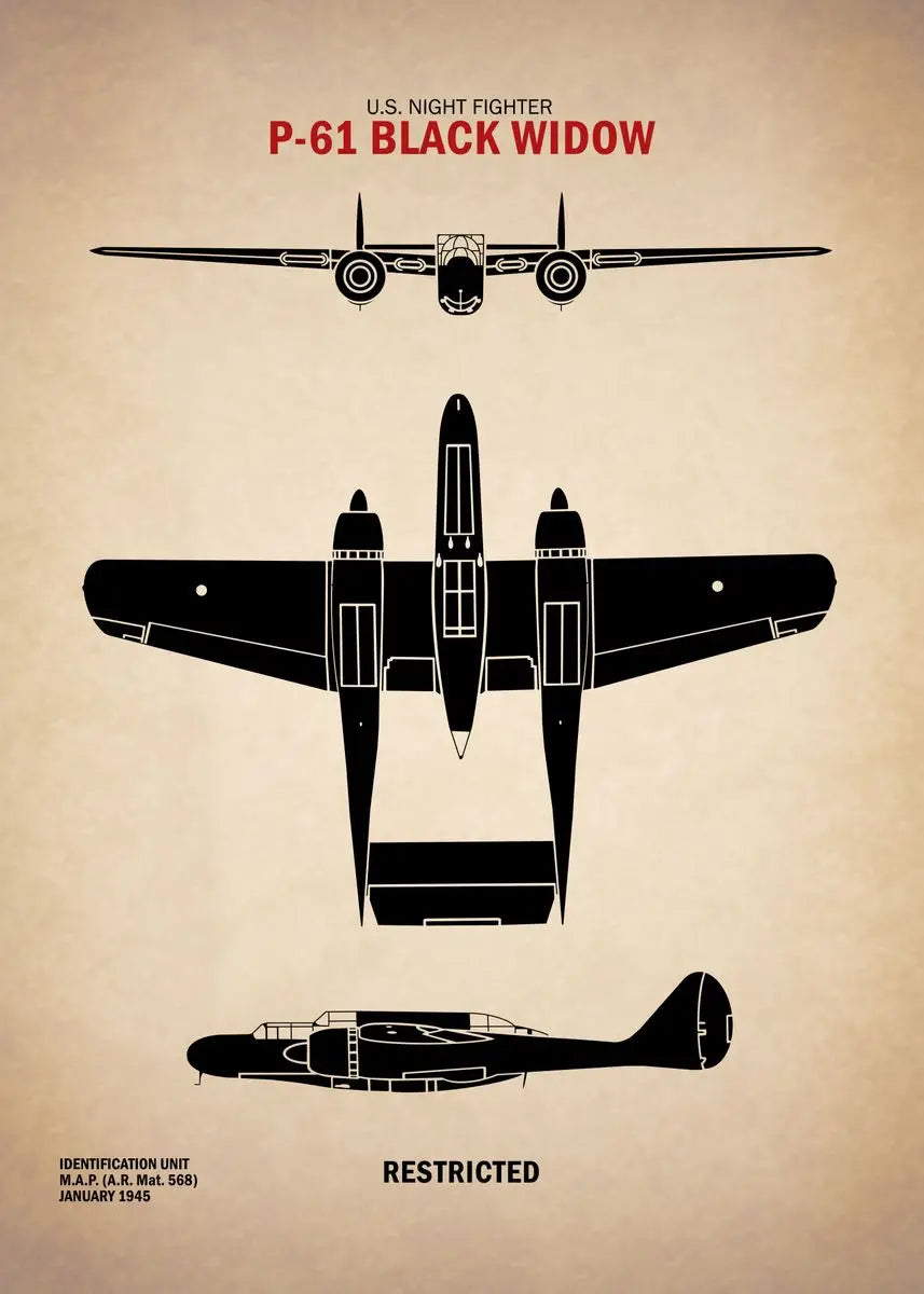 P-61 Black Widow night fighter aircraft diagram on a beige background