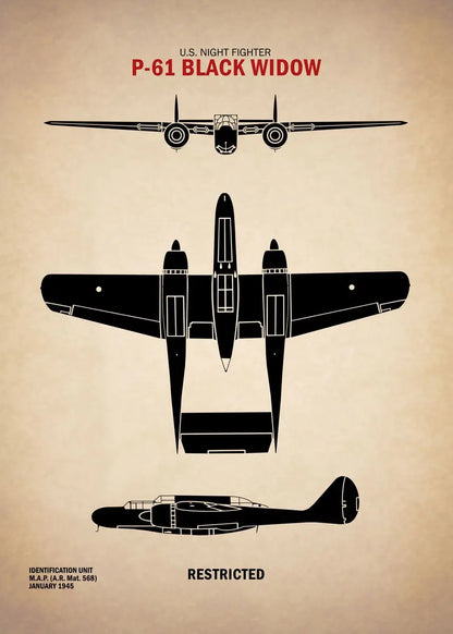 P-61 Black Widow night fighter aircraft diagram on a beige background