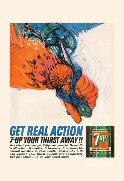 Vintage 7-Up advertisement with a colorful fish illustration and text.