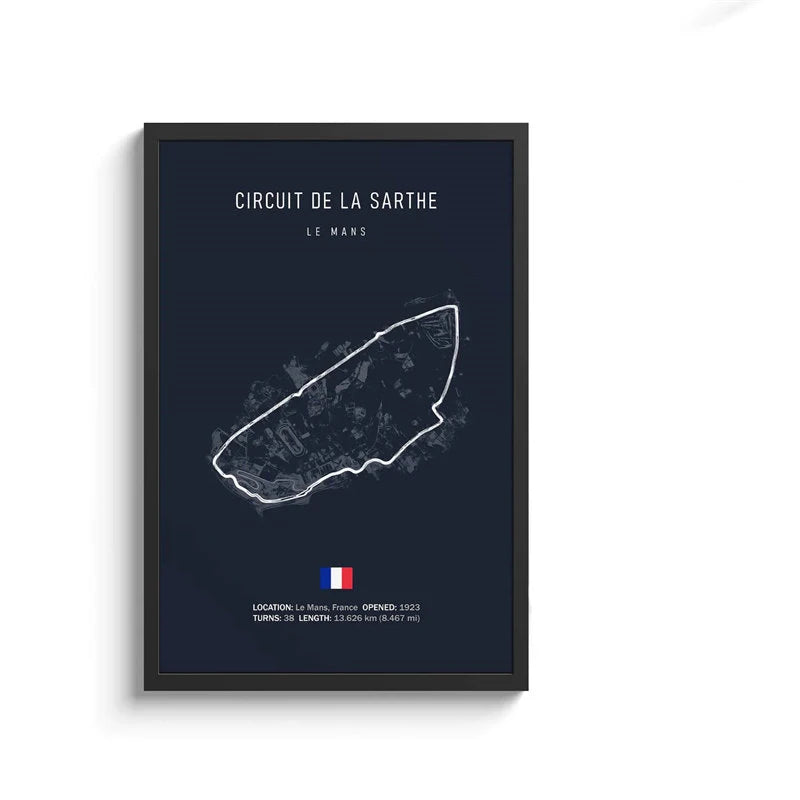 Framed map of Circuit de la Sarthe with a dark blue background and white outline.