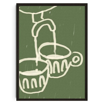 Illustration of a faucet pouring water into two cups on a green background