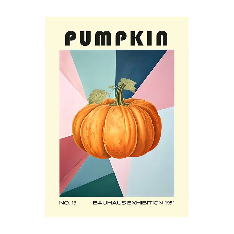 Pumpkin illustration on a geometric background with 'Pumpkin' text and 'Bauhaus Exhibition 1951' details.