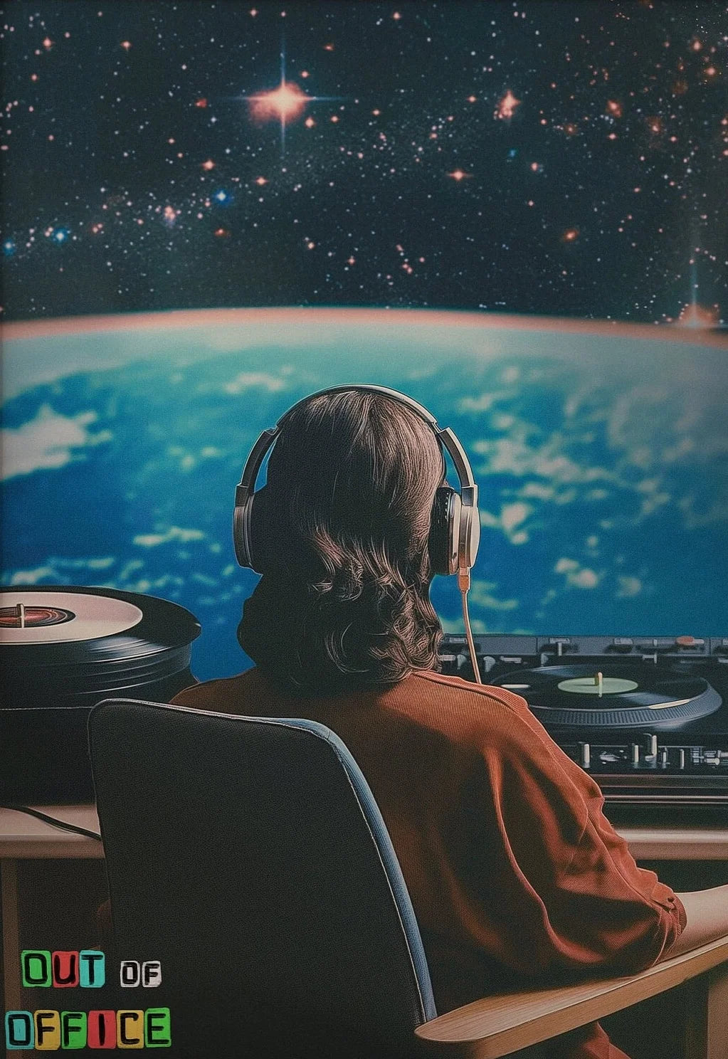 Person wearing headphones sitting in front of a turntable with a space-themed background