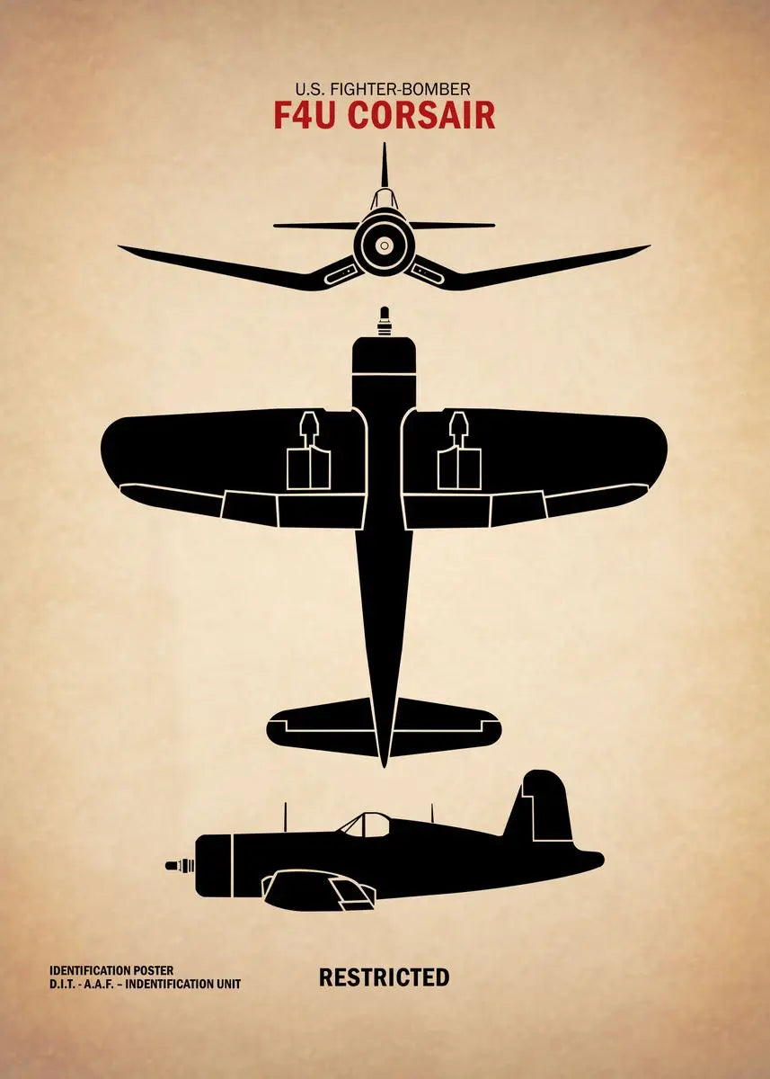 Black silhouette of a U.S. Fighter-Bomber F4U Corsair on a beige background with text.